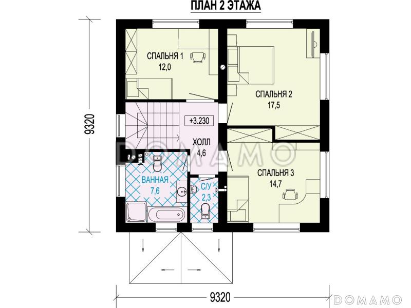 Проект загородного дома с отдельным входом в котельную,  спальней на первом этаже, ванной и санузлом на втором этаже / План 2 этажа