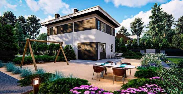 Проект двухэтажного дома с камином в гостиной, вытянутой кухонной зоной с окнами, санузлом с душевой на первом этаже