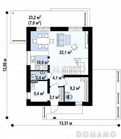Проект двухэтажного загородного дома с кабинетом, зоной кухни с окном, гостиной с выходом на крытую террасу / План 1 этажа