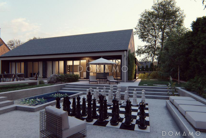 Проект одноэтажного дома простой формы с ванной с окном, кабинетом, просторными гостиной и кухней-столовой