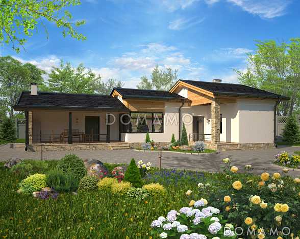 Проект одноэтажного дома с крытой террасой с барбекю, кладовой, хозблоком, гостиной с камином, парной и комнатой отдыха