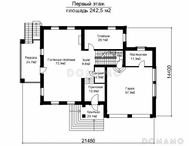Проект двухэтажного загородного дома с высоким крыльцом / План 1 этажа