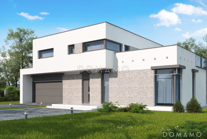 Проект современного двухэтажного дома из кирпича в стиле модерн, с террасой на втором уровне, с двухместным гаражом