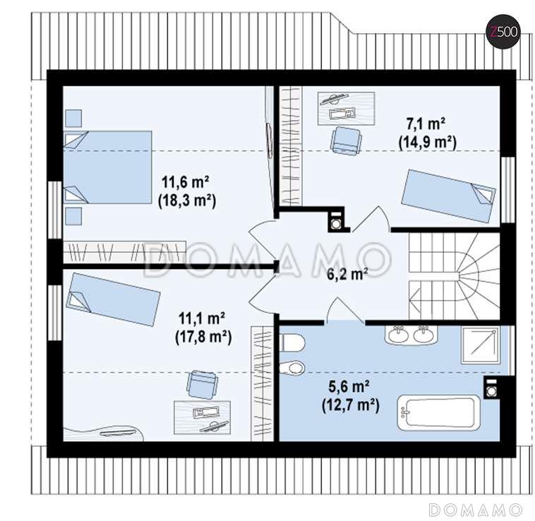 Проект одноэтажного мансардного дома из газобетона с тремя спальнями, кабинетом и эркером в гостиной / План мансардного этажа