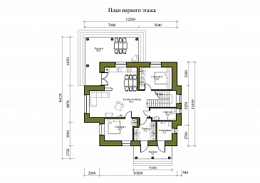 Проект двухэтажного дома из кирпича с двумя каминами на большой террасе и в гостиной / План 1 этажа