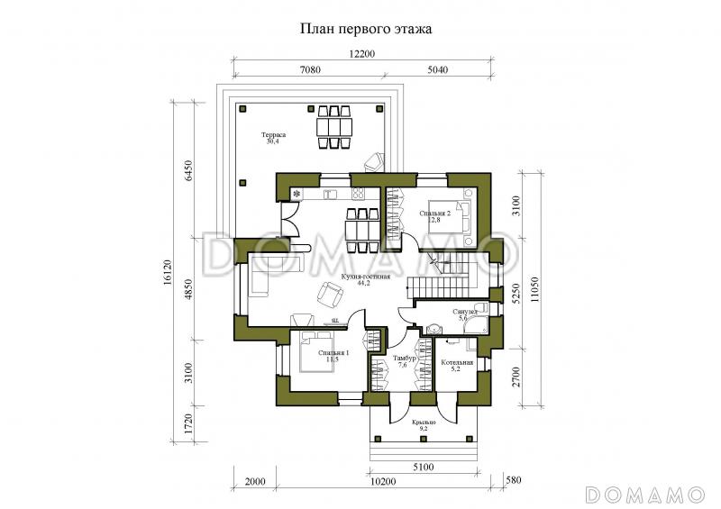 Проект двухэтажного дома из кирпича с двумя каминами на большой террасе и в гостиной / План 1 этажа