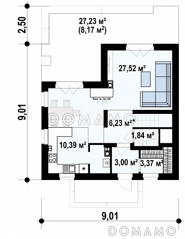 Проект дома с террасой, мансардными окнами, балконом,  треугольным окном в ванной на мансарде / План 1 этажа