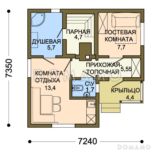 Проект каркасной бани с гостевой комнатой и обшивкой блок-хаусом / План 1 этажа