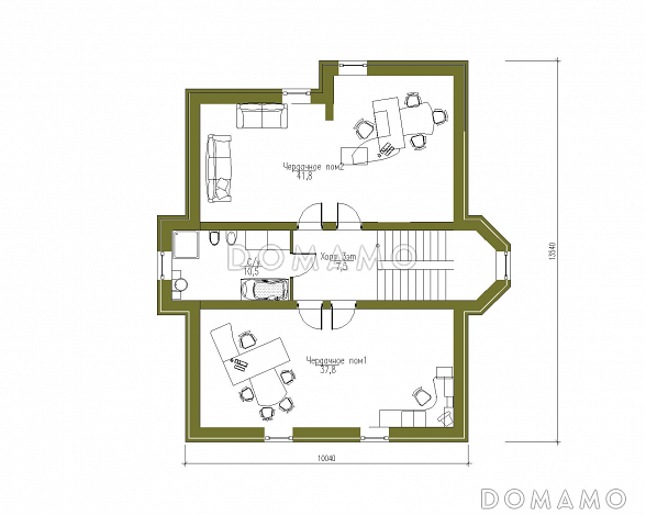 Проект трехэтажного дома с башней, верандой и функциональными чердачными помещениями / План мансардного этажа