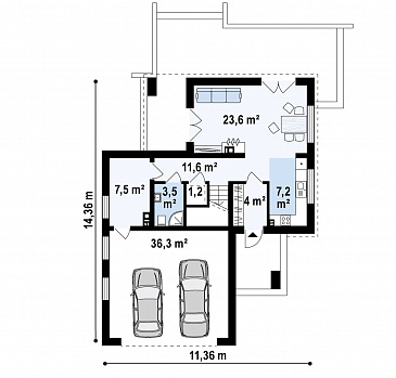 Проект современного двухэтажного дома из газобетона в стиле кубизм с пристроенным гаражом для двух автомобилей  / План 1 этажа