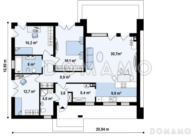 Проект просторного современного одноэтажного дома из кирпича с  тремя спальнями, без гаража / План 1 этажа