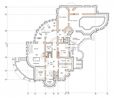 Проект коттеджа с бассейном и зимним садом в стиле северного модерна / План цокольного этажа