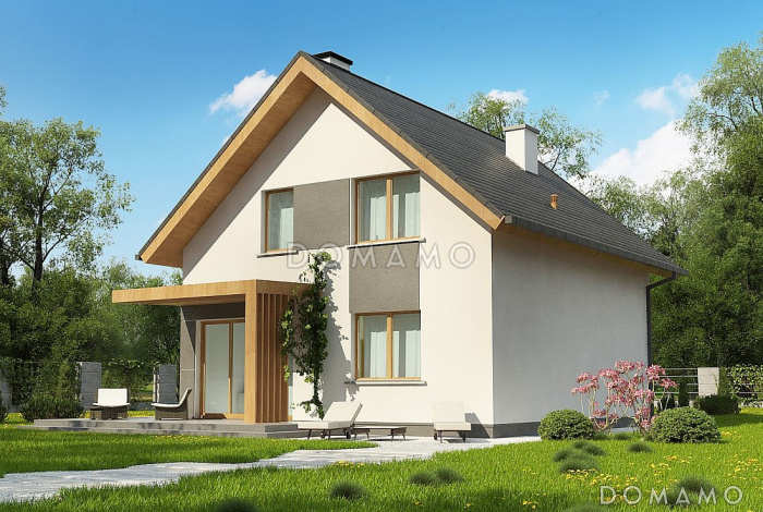 Проект небольшого одноэтажного мансардного дома из газобетона с эркером, с кабинетом и тремя спальнями