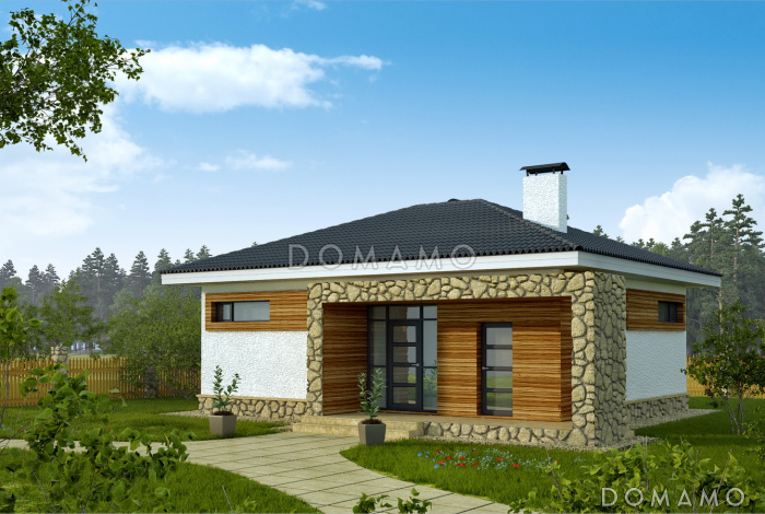 Проект белого одноэтажного дома с авангардным крыльцом