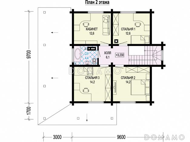 Проект двухэтажного дома из бруса с четырьмя спальнями, кабинетом и крытой террасой / План 2 этажа