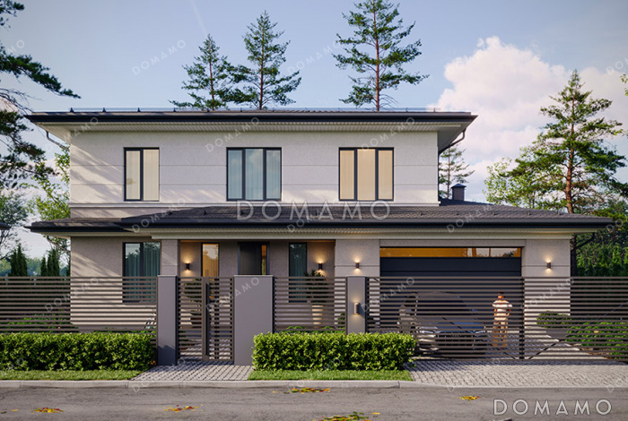 Проект двухэтажного дома с гаражом, 5 спальнями и угловой крытой террасой 