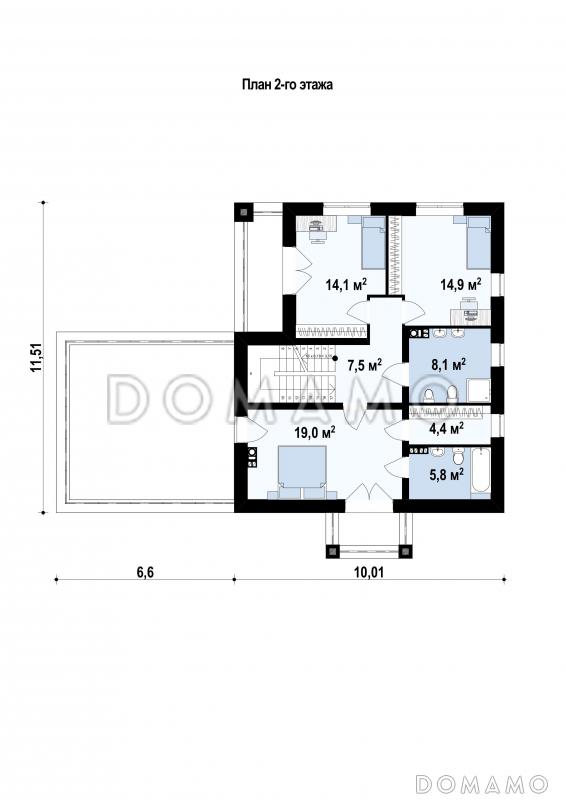Проект современного двухэтажного дома из газобетона балконом, лоджией и открытой террасой над двухместным гаражом / План 2 этажа