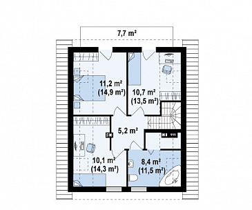 Проект простого одноэтажного мансардного дома из кирпича с тремя спальнями / План мансардного этажа