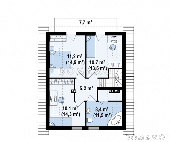 Проект простого одноэтажного мансардного дома из кирпича с тремя спальнями / План мансардного этажа