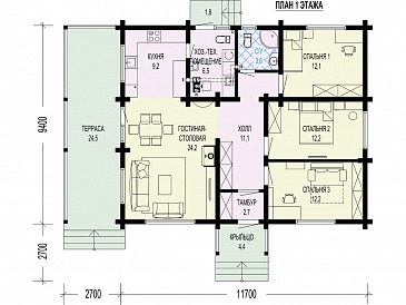 Проект одноэтажного дома с террасой, хозяйственным помещением, тремя спальнями / План 1 этажа