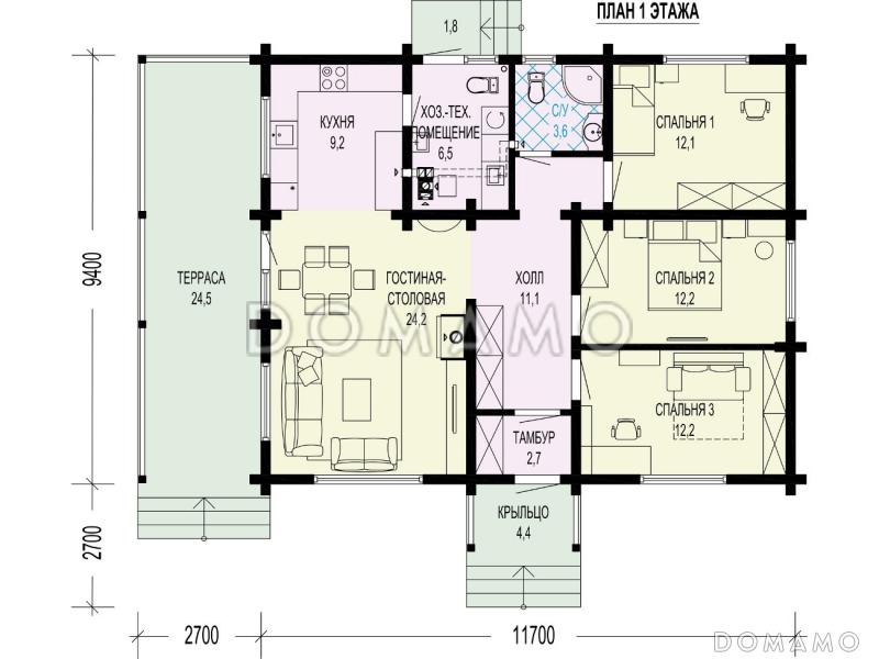 Проект одноэтажного дома с террасой, хозяйственным помещением, тремя спальнями / План 1 этажа