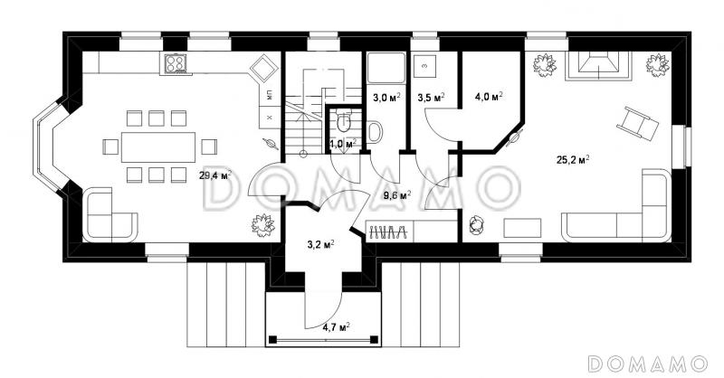 Проект большого коттеджа для узкого участка / План 1 этажа