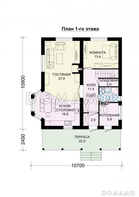 Проект дома из газобетона с большой террасой на втором этаже / План 1 этажа