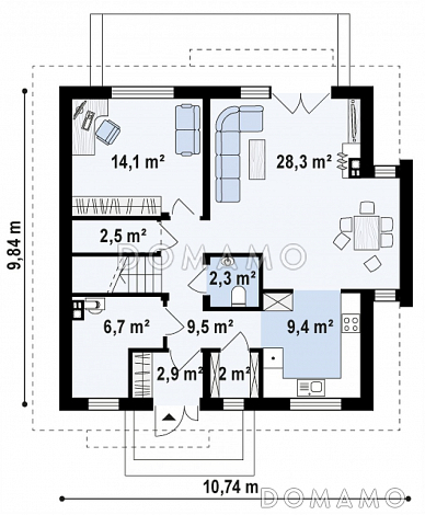 Проект одноэтажного мансардного дома из газобетона с балконом, тремя спальнями и кабинетом / План 1 этажа