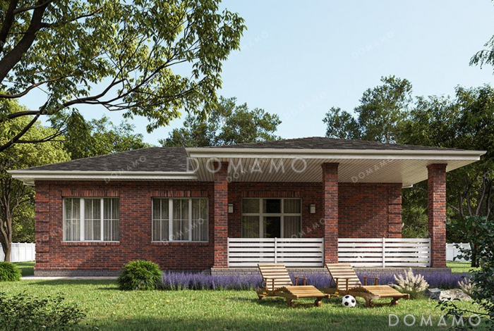 Проект одноэтажного дома с большой террасой и гаражом