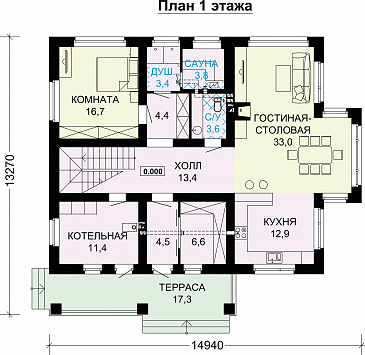 Проект дома по технологии ЛСТК с панорамными окнами и натуральной черепицей / План 1 этажа