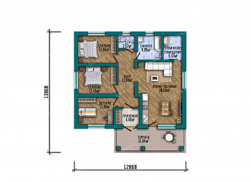 Проект компактного одноэтажного дома с вальмовой кровлей, крытой террасой, тремя спальнями и большой открытой зоной кухни-гостиной / План 1 этажа