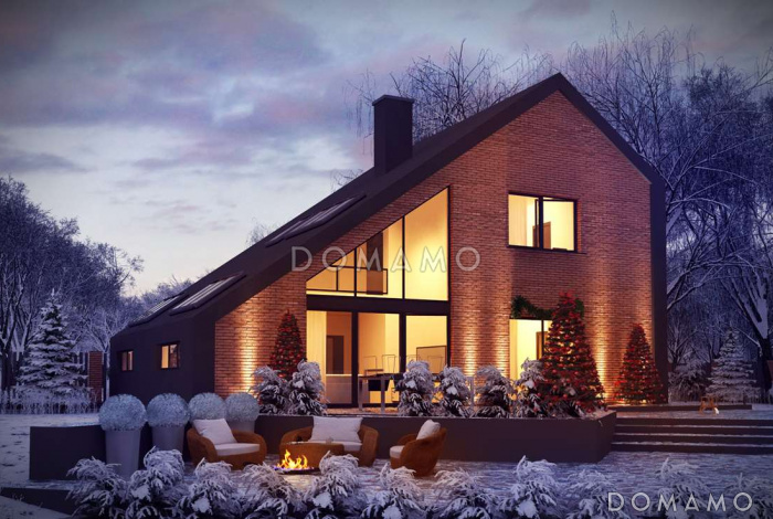 Проект мансардного дома в стиле шале из газобетона с дополнительной спальней на первом этаже, вторым светом и гаражом