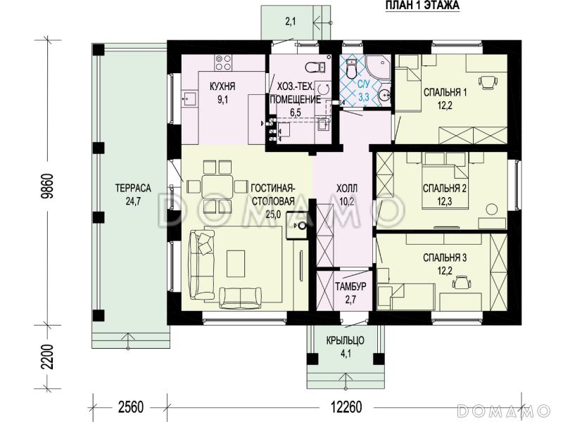 Проект одноэтажного дома с тремя спальнями, отдельным входом в техническое помещение, санузлом с окном. террасой / План 1 этажа