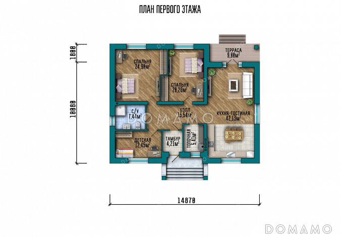 Проект одноэтажного дома с просторной кухней-гостиной / План 1 этажа