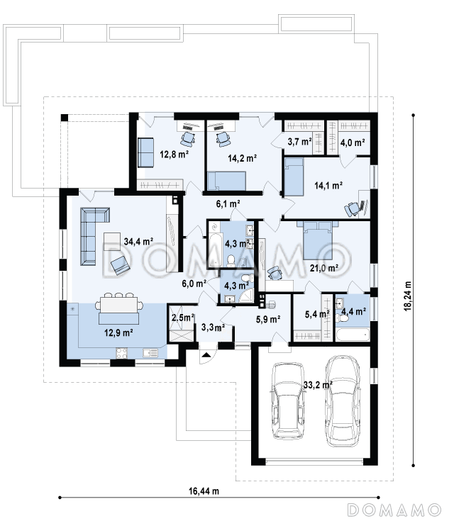 Проект просторного одноэтажного дома из кирпича с большой гостиной, тремя спальнями, кабинетом и гаражом на два автомобиля / План 1 этажа