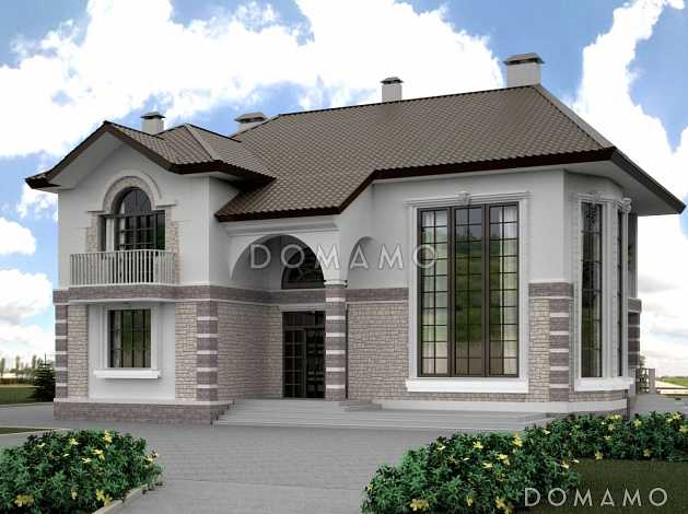 Проект дома с просторной двусветной гостиной с камином 