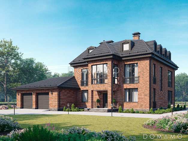 Проект дома с гаражом на две машины, сауной, спальнями на втором этаже с выходом на террасу