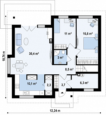 Проект мансардного дома из газобетона с двумя спальнями на первом этаже и двумя на мансарде / План 1 этажа