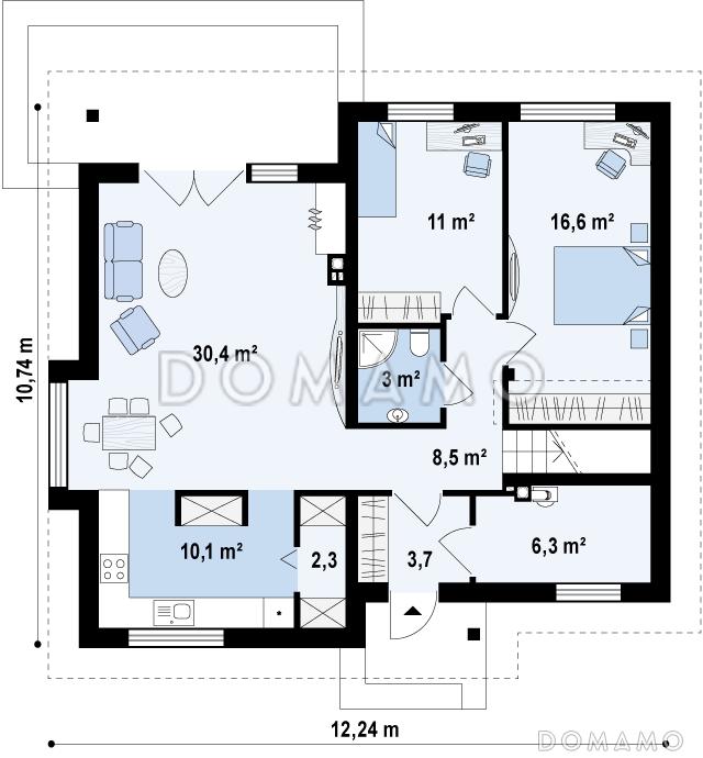 Проект мансардного дома из газобетона с двумя спальнями на первом этаже и двумя на мансарде / План 1 этажа