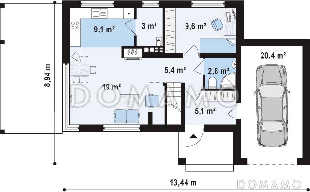 Проект современного двухэтажного дома из газобетона с плоской крышей с кабинетом, гаражом и крытыми террасами на обоих уровнях / План 1 этажа