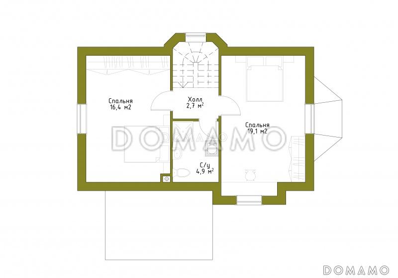 Проект небольшого каркасного дома с большим крыльцом и эркером. / План мансардного этажа