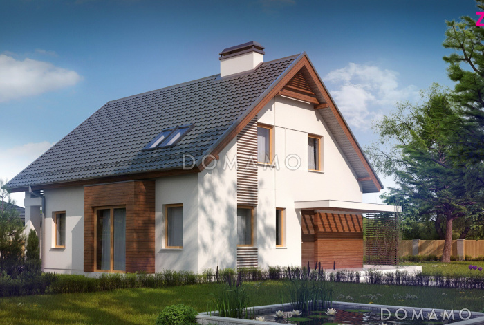 Проект одноэтажного дома из кирпича с мансардным этажом с прямоугольным эркером и балконом