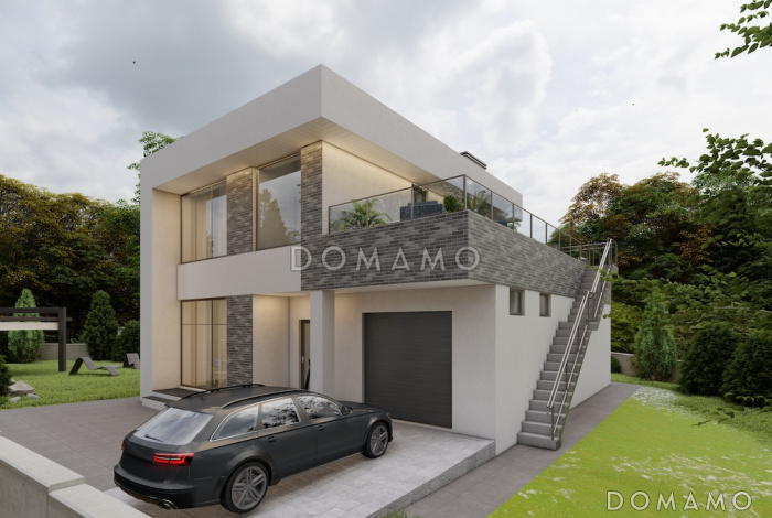 Проект двухэтажного дома из газобетона в стиле хай-тек со встроенным гаражом и открытой террасой на втором этаже