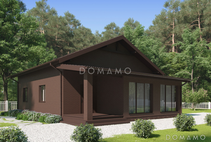 Проект загородного дома с верандой, просторной кухней-столовой, кладовой, жилыми комнатами