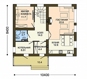 Проект лаконичного коттеджа с четырьмя спальнями, широкими окнами и большой гардеробной / План 1 этажа