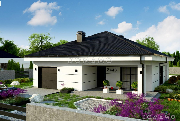 Проект одноэтажного дома из кирпича с тремя спальнями, гаражом и угловой крытой террасой