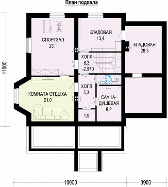 Проект двухэтажного газобетонного дома c подвалом и пристроенным гаражом / План цокольного этажа
