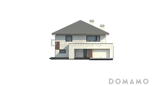 Проект просторного двухэтажного дома из кирпича со встроенным гаражом и двумя террасами на обоих уровнях / Фасад 2