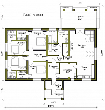 Проект одноэтажного газобетонного дома с цветочной террасой и просторной кухней-гостиной / План 1 этажа