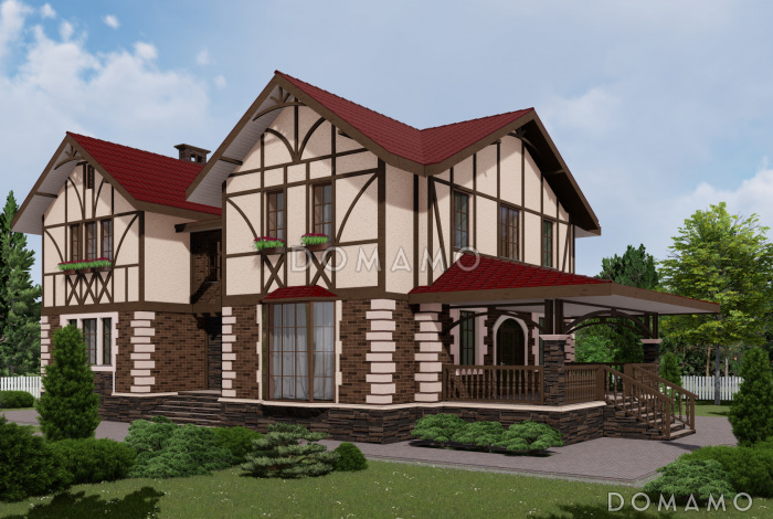 Проект двухэтажного дома в стиле фахверк с подвалом и лаундж-зоной